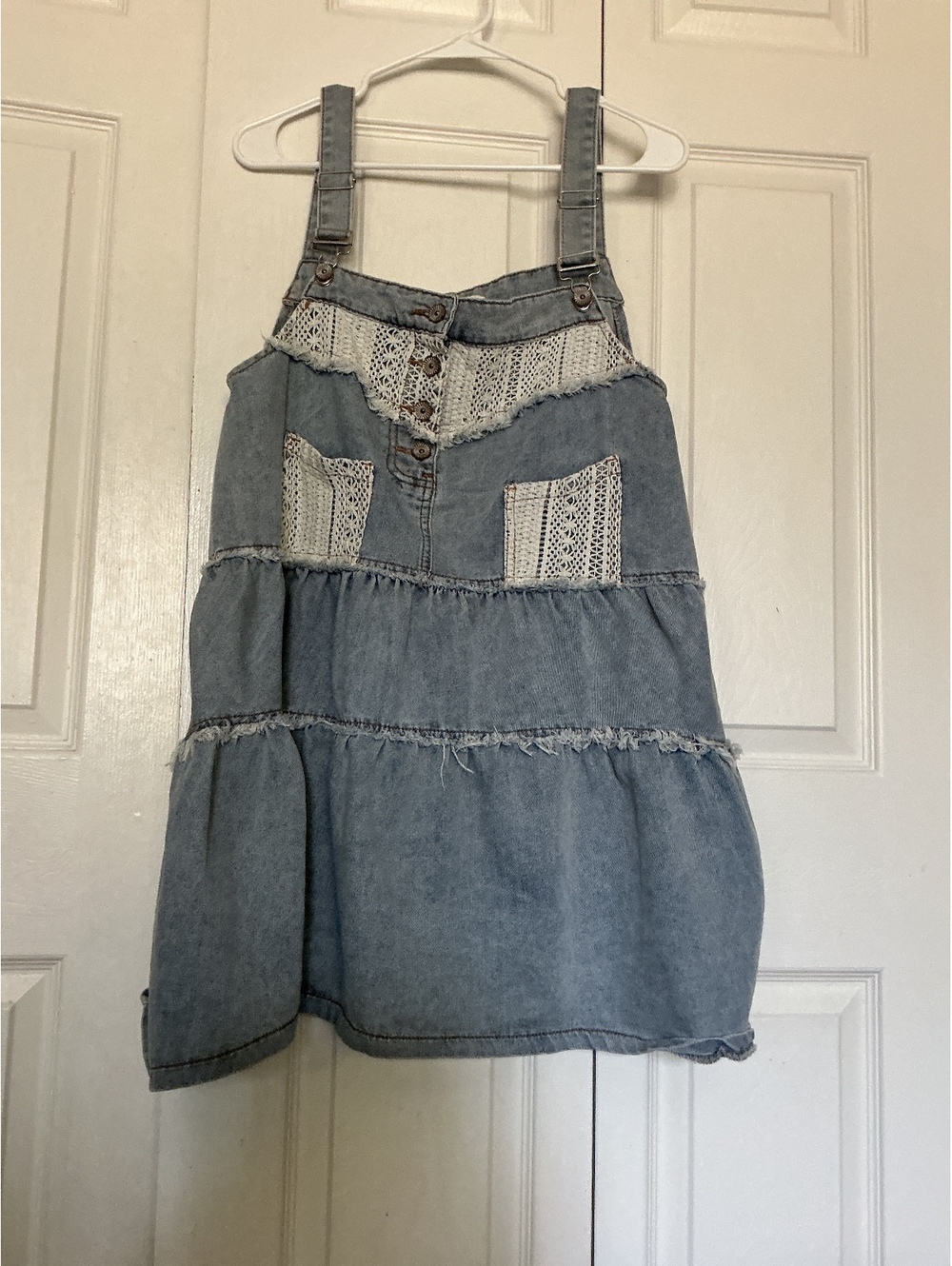 POL Boho Lace Crochet Tiered Denim Overall Mini Dress Sz L Cowgirl Babydoll